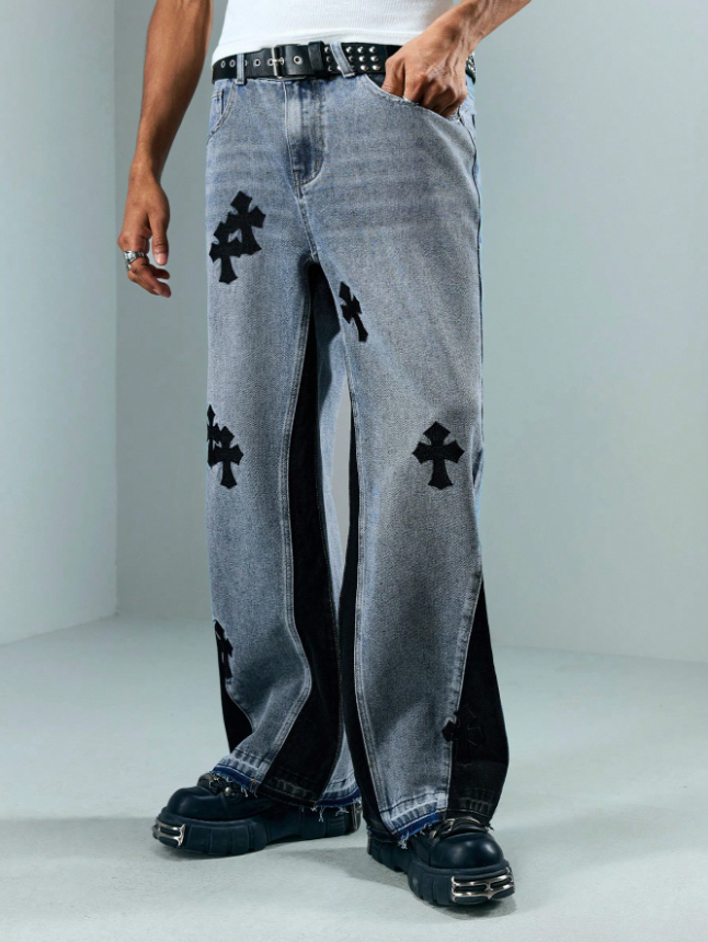 Men’s Streetwear Cross Print Denim Jeans
